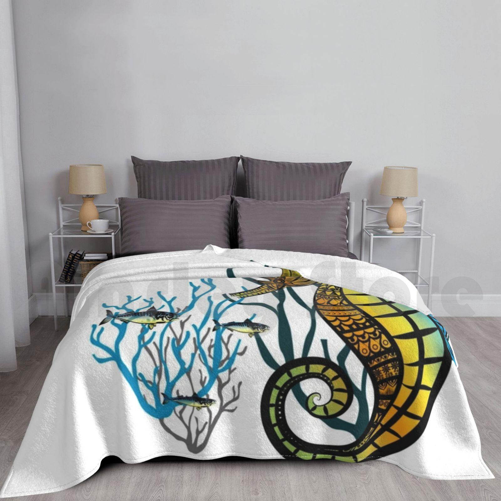 Sea Horse Blanket Fashion Custom Hippocampus Sea Horse Fish Ocean Sea Marine Marine Life Color Galapagos Size: 75*100cm, Weight: 230 GSM