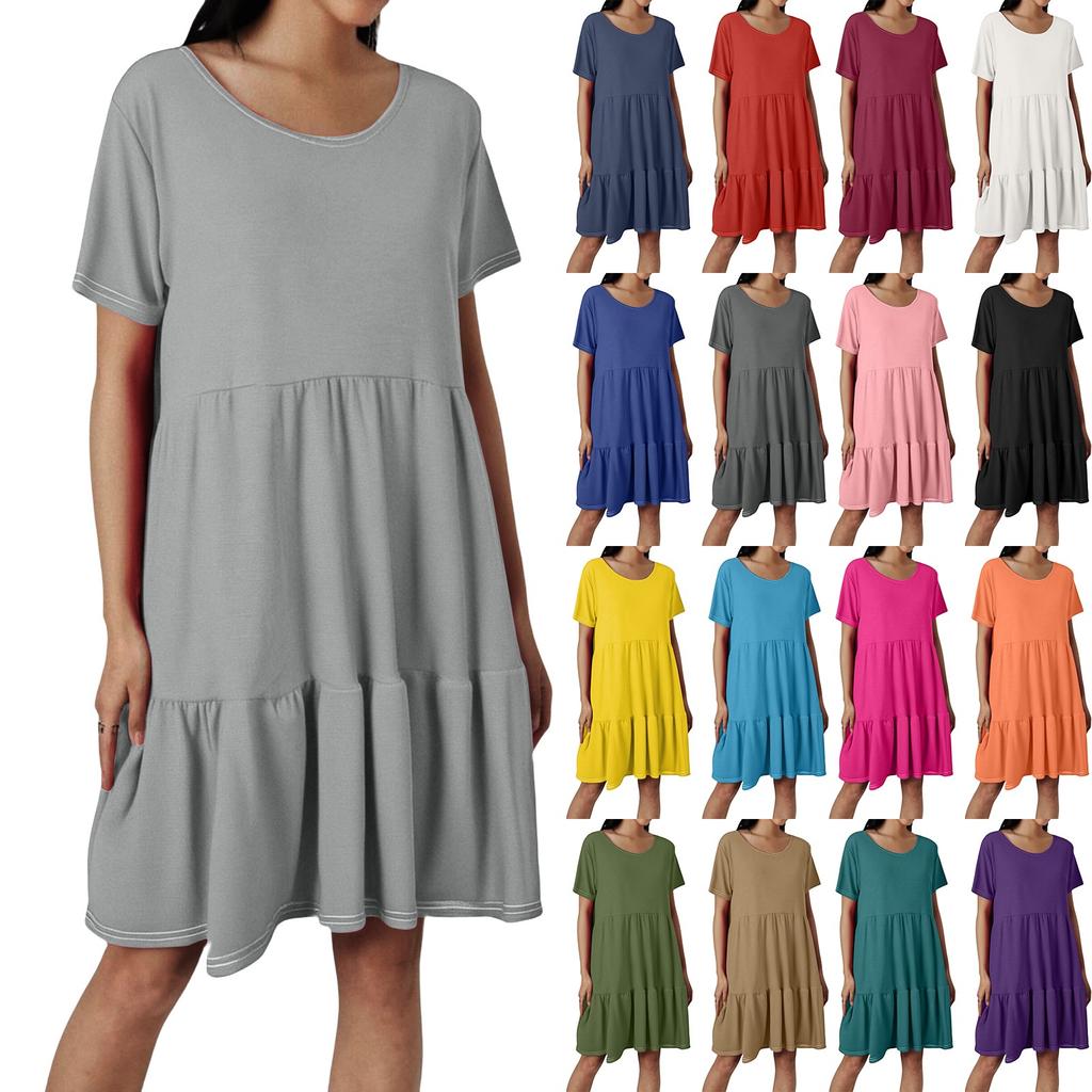 Women's Fashion Casual Round Neck Short Sleeve Ruffle Dresses