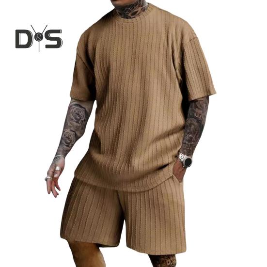 2Pcs/Set Men Sports Suit O-Neck Short Sleeve T-shirt Elastic Waist Wide Leg Shorts with Pockets Set Jacquard Texture Running Wear