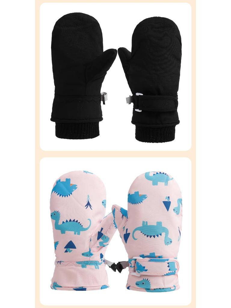 Quick-Drying Waterproof Kids' Ski Gloves with Cartoon Print - Thickened, Plus Velvet for Autumn and Winter