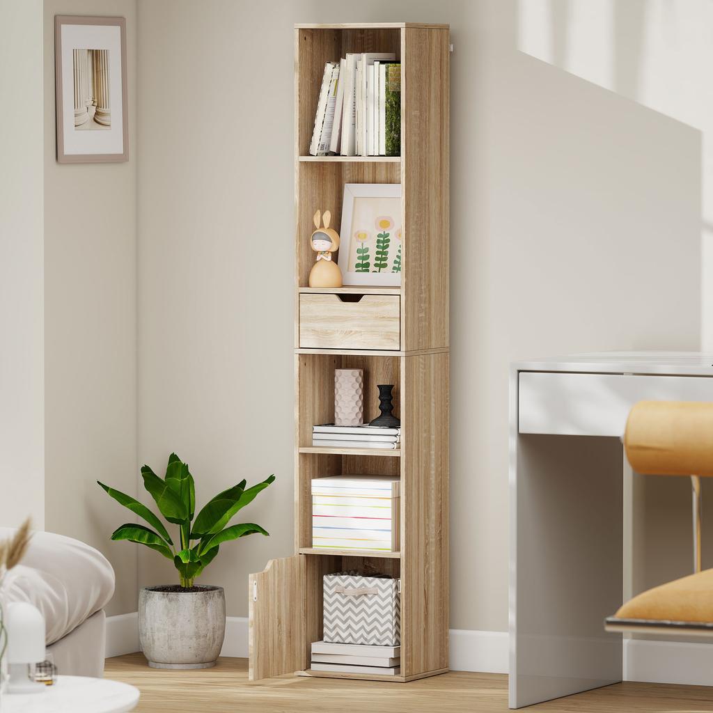 Bookcase Storage Unit, Drawer, Cupboard, Open Compartments, 30 x 24 x 158 cm, Natural