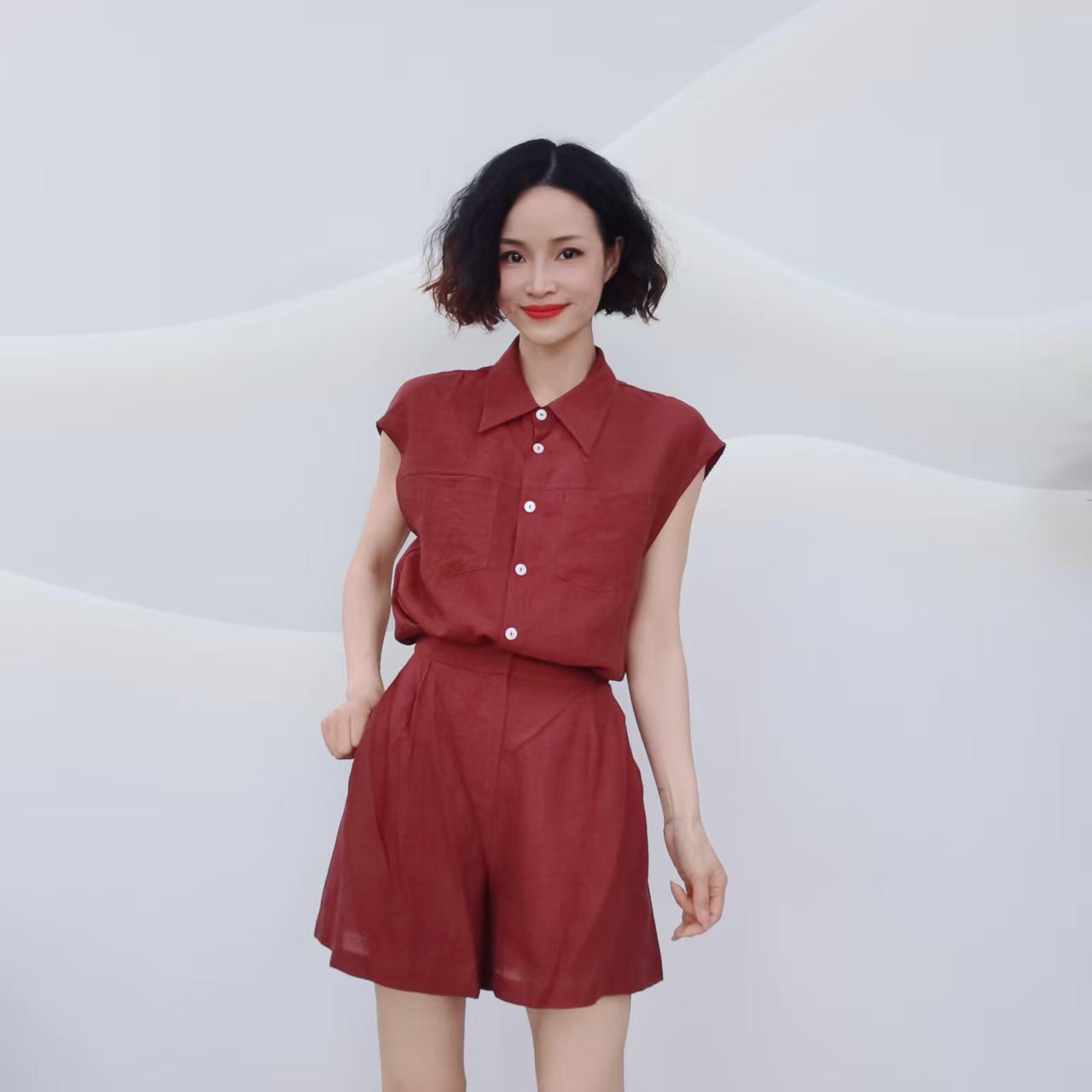 

Women s Summer Casual Set: Short Sleeve Shirt & Pants M (45-54 kg) вина червоного кольору