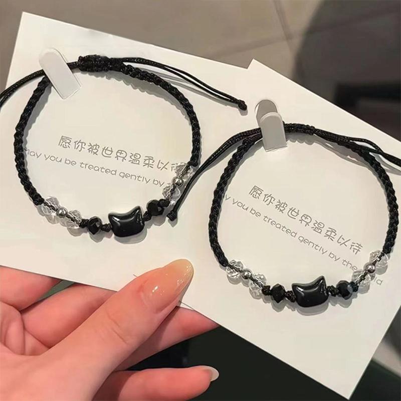 2Pcs Cute Cat Pendant Hand Woven Bracelets  Versatile Women Daily Vacation Wearing Jewelry Gift