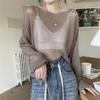Wide Truffle Back Pearl Chain Long Sleeved Hollow Knit Sweater Autumn Korean Version Ice Silk Sunscreen Shirt Top for Women