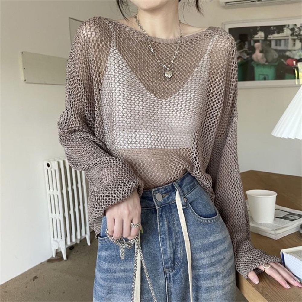 Wide Truffle Back Pearl Chain Long Sleeved Hollow Knit Sweater Autumn Korean Version Ice Silk Sunscreen Shirt Top for Women