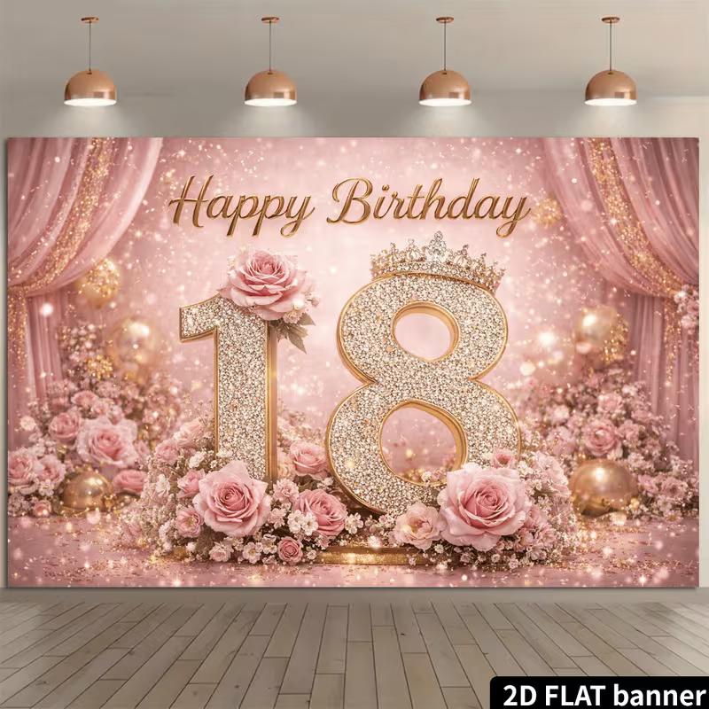 2D Pink Gold 18th Birthday Backdrop for Debut/Coming-of-Age Party Photoshoot