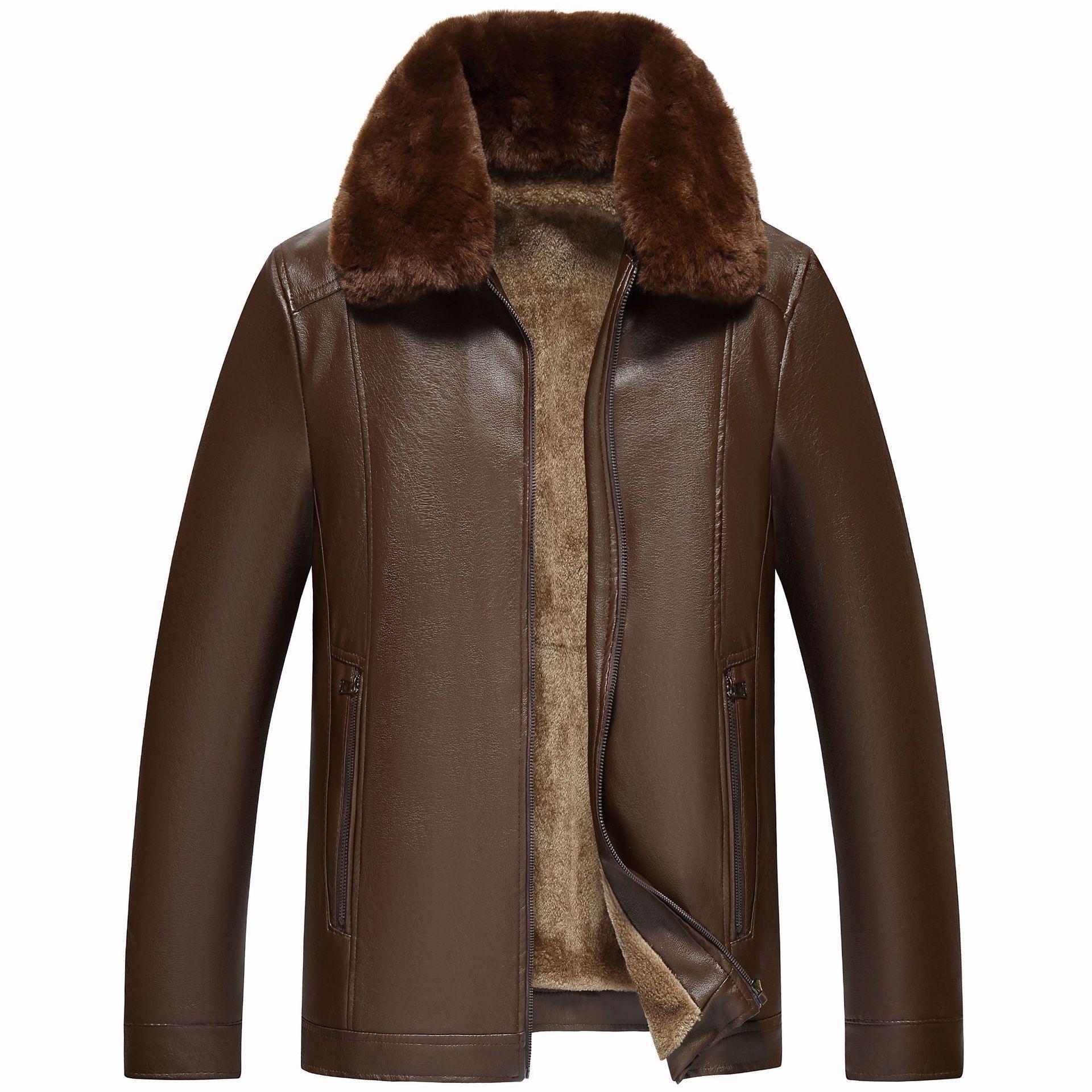 

Новые стильные мужские кожаные куртки для людей среднего и пожилого возраста с бархатом и утолщенным большим меховым воротником. Кожаные куртки для папы. Повседневные кожаные куртки. M коричневый
