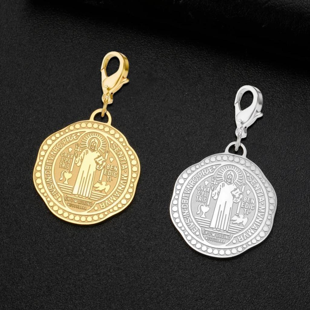 Saint Benedict Medal Pendant with Lobster Clasp Stainless Steel Benedict Charm for DIY Jewelry Keyrings