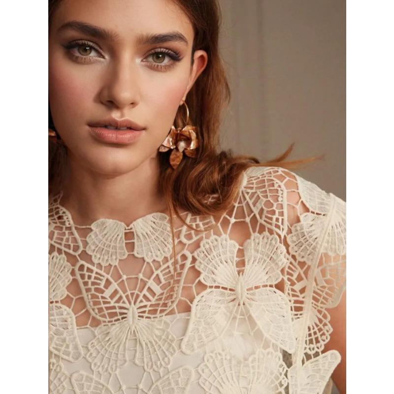 Dimanaf 2024 T-Shirt Women Knitting Lace Vest O-Neck Hollow Summer Style Basic Tops New Tees Loose Pink