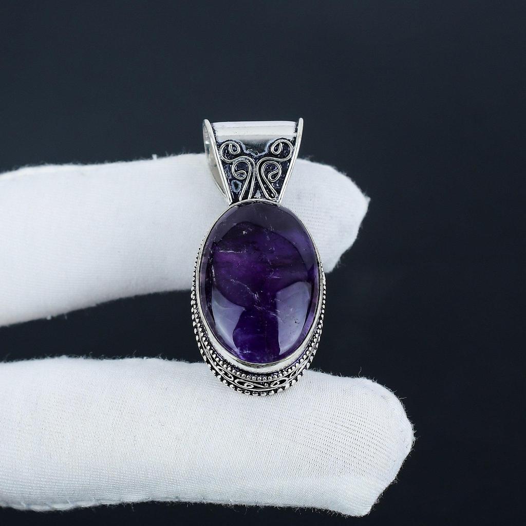 Natural Amethsyt Gemstone Silver Pendant in 925 Sterling Silver - Handmade Oval Design, Everyday Wear Jewelry Burthday Gift