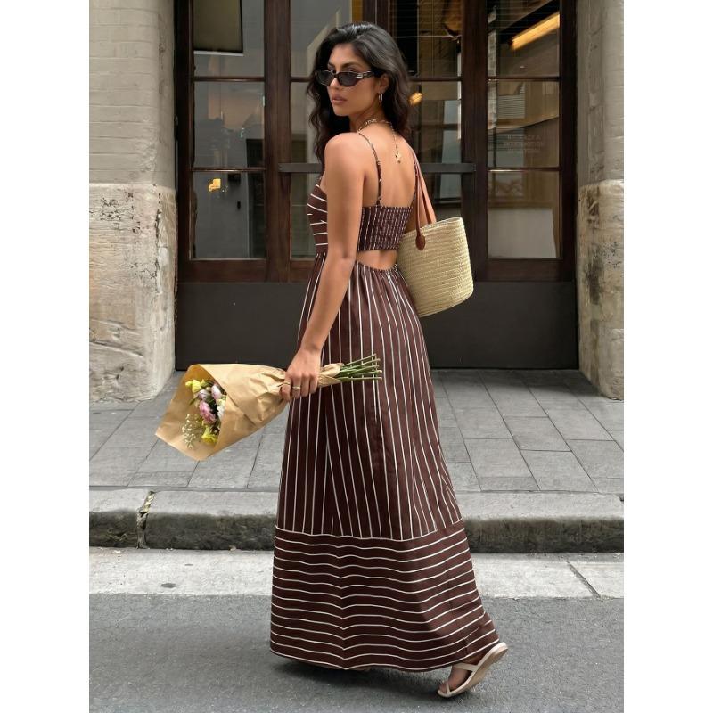 Women Striped Backless High Waist Suspender Maxi Casual Vacation Dress