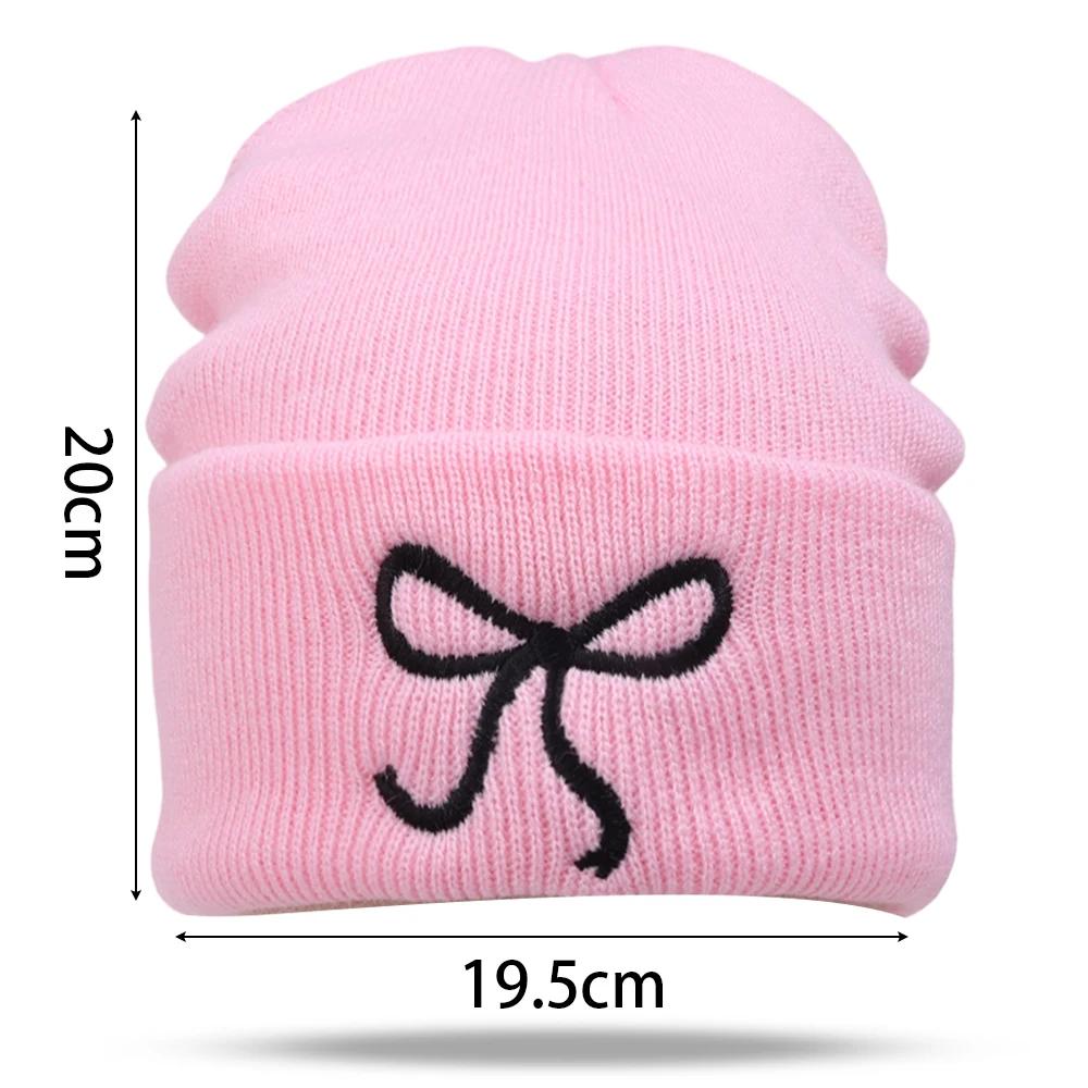 Y2K Bow Embroidered Knitted Hat Autumn And Winter Warm Women Beanies Cap Korean Fashion Solid Color Female Girls Skullcap Bonnet