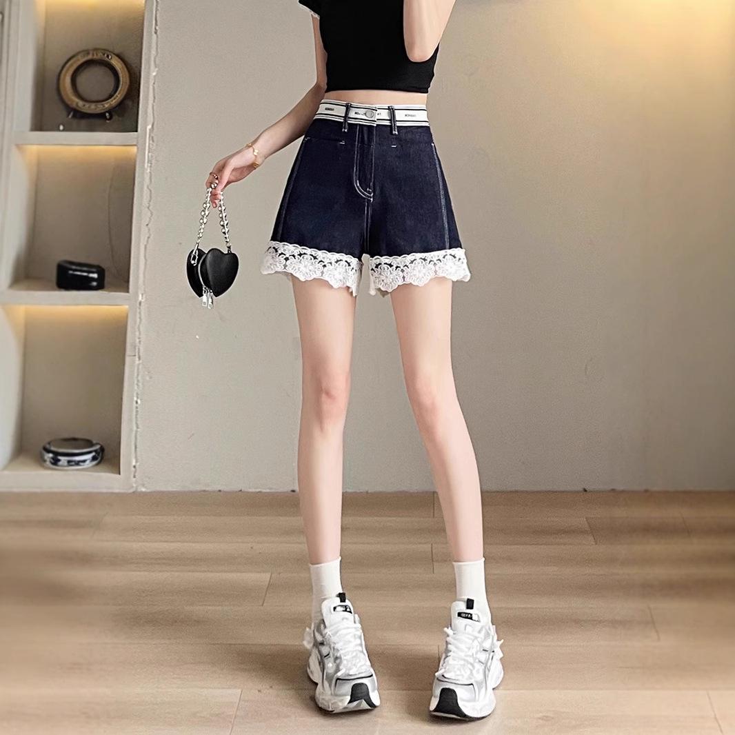 

Women s Spring/Summer Lace Trim Slimming Stretch Denim Shorts - Leg-Lengthening L (51-62 kg) джинсовий синього кольору
