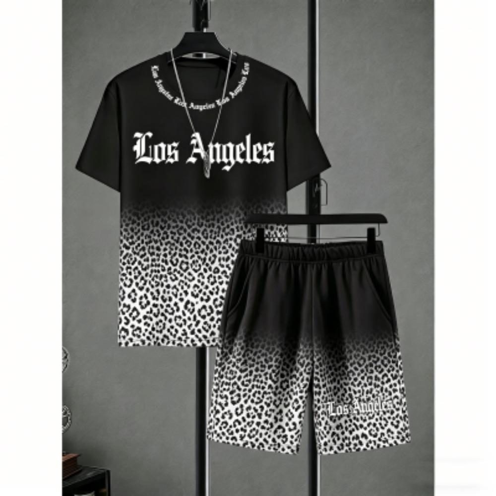 Fun Men's Set Leopard Printed Men's T-shirt and Shorts 2 Piece Set Summer Casual Outdoor Plus Size Men's and Women's T-shirt Sets
