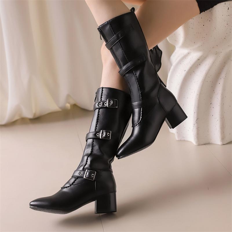 FOREADA Women Mid Calf Boots Round Toe Chunky Mid Heels Buckle Zipper Concise Ladies Fashion Shoes Winter Black White Brown 46