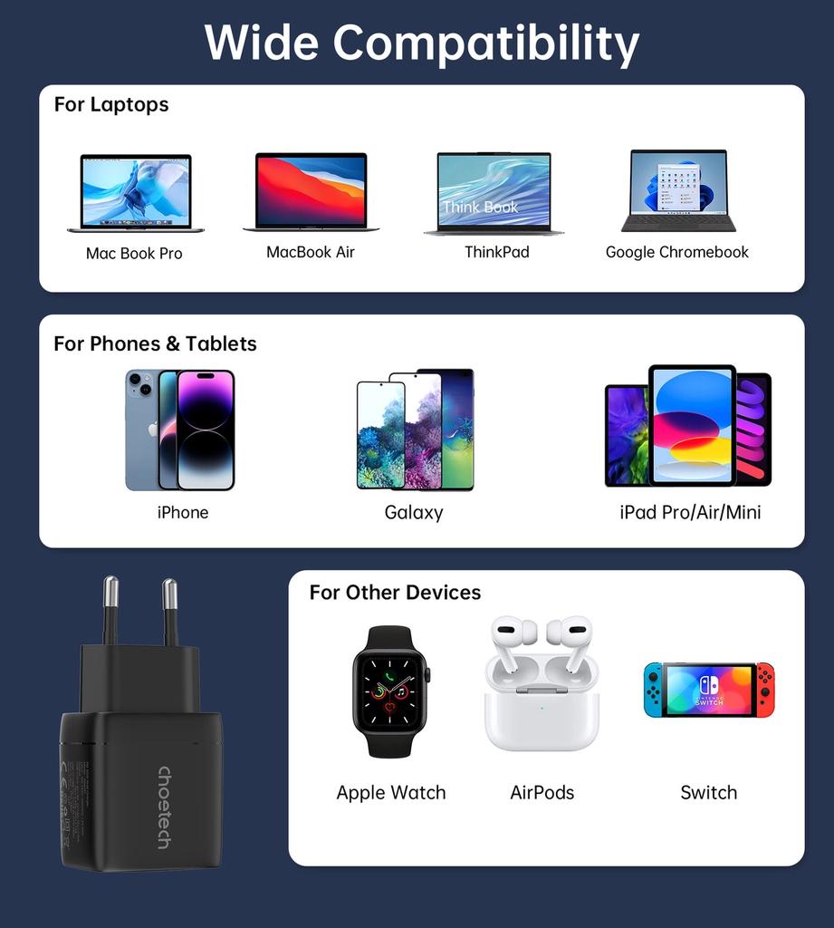 Ładowarka Sieciowa Choetech Pd6051 Usb-C Usb-C Pd 35W Gan Z Wyświetlaczem - Czarna