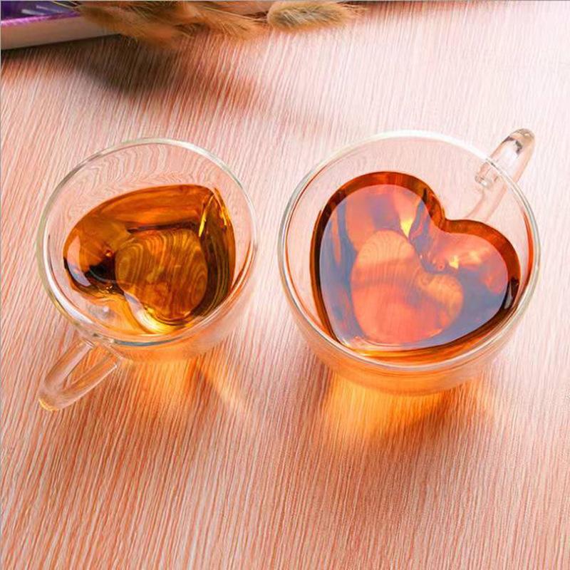 Glass Coffee Mug Cup Heart Love Shape Double Wall Drinking Tea Milk Juice Water Glasses Heat Resistant Drinkware Set Lover Gift