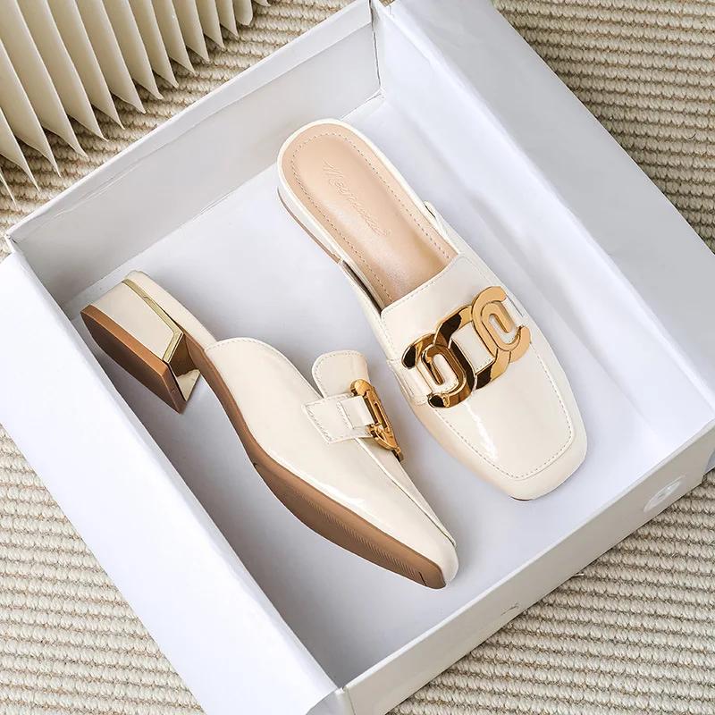 New Women Shoes Modern Leather Slipper Summer Girl Patent Leather Slides High Heels Sandals