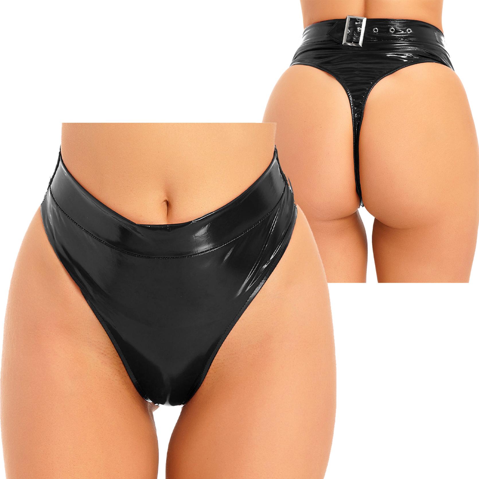 Damen-Tanga, Wet-Look, Lackleder, Rave-Hose, glänzendes Höschen mit hoher Taille für Festival, Clubwear, Tanzen 4XL schwarz
