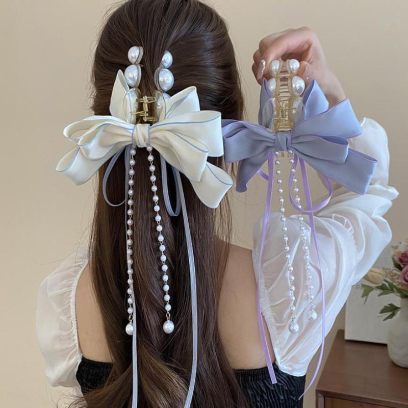 Fashion French Pearl Bow Long Tassel Hair Claws Women Back Head Hair Clip Headwear Hair Accessories Gifts