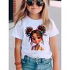 Girls' Short-Sleeve T-Shirt Double Ponytail Girl Cartoon Print Summer Fashion Casual Top with Earrings