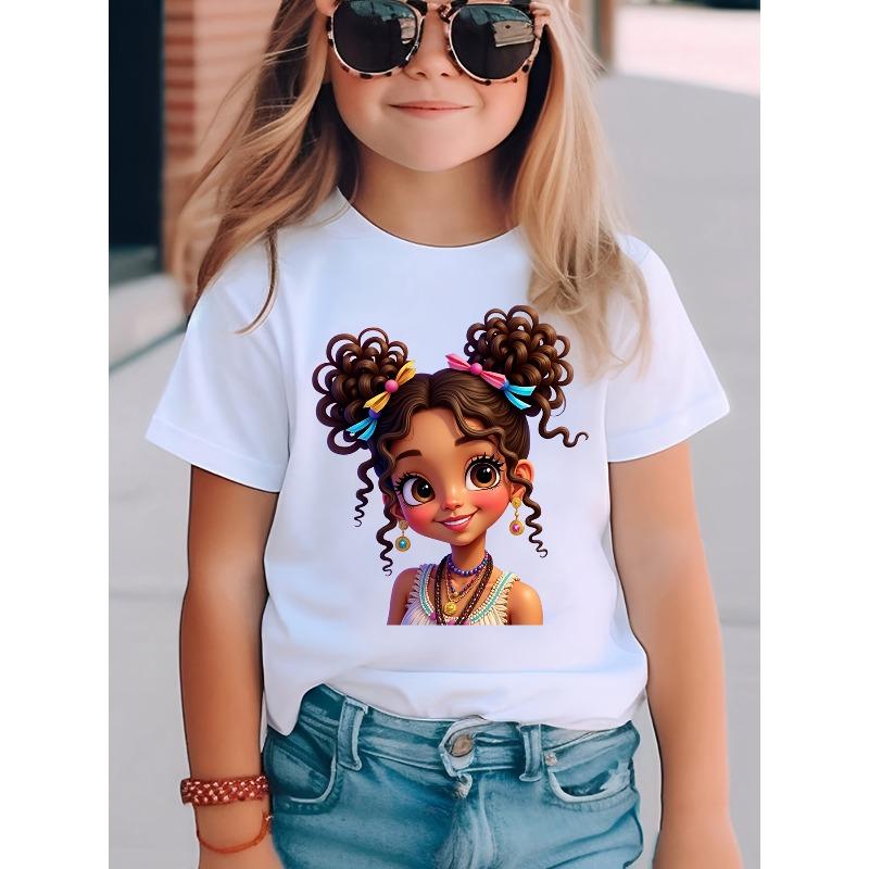 Girls' Short-Sleeve T-Shirt Double Ponytail Girl Cartoon Print Summer Fashion Casual Top with Earrings