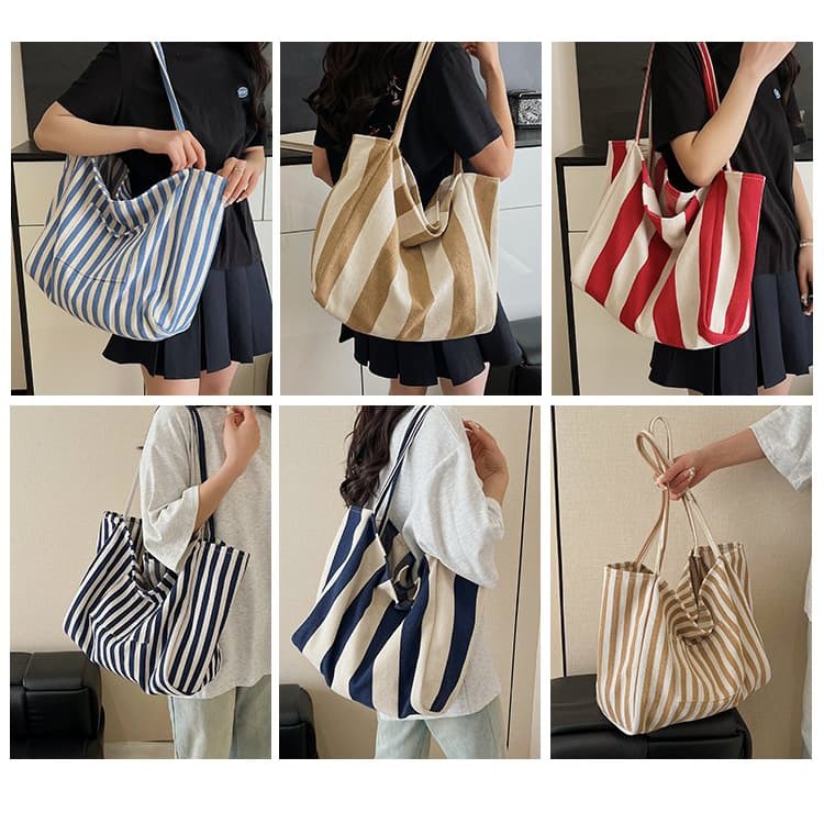 Striped large capacity canvas tote bag women's shoulder bag