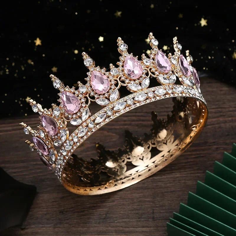 European Princess Queen Tiara Round Baroque Pageant Crowns Crystal Full Crown King Tiaras Bridal Wedding Hair Accessories