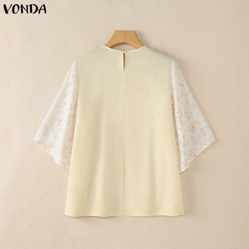 VONDA Summer Women O-Neck Print Splice 3/4 Sleeve Casual Loose Blouse