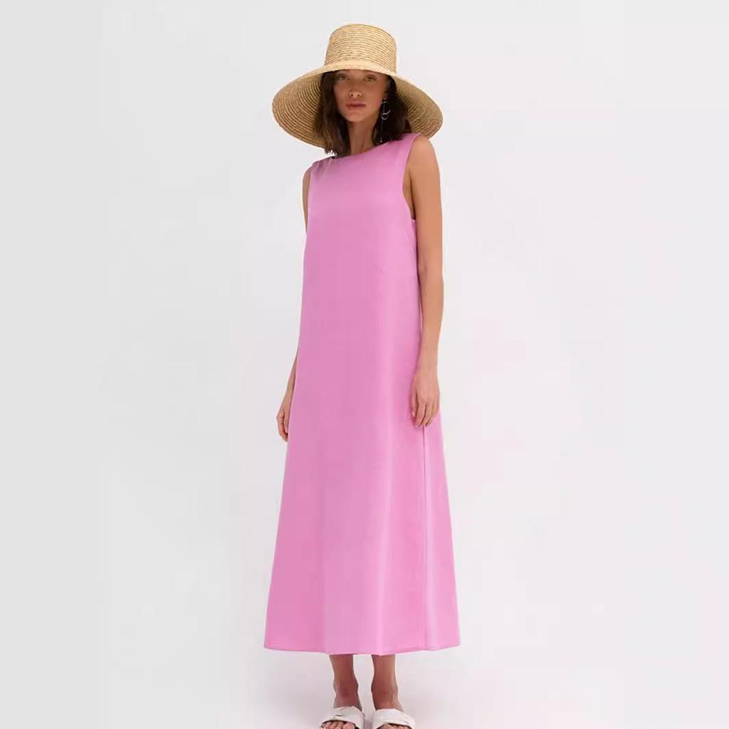 2024 Spring Women's Solid Color Cotton Linen A-line Tank Dress - French Loose Fit, Round Neck.