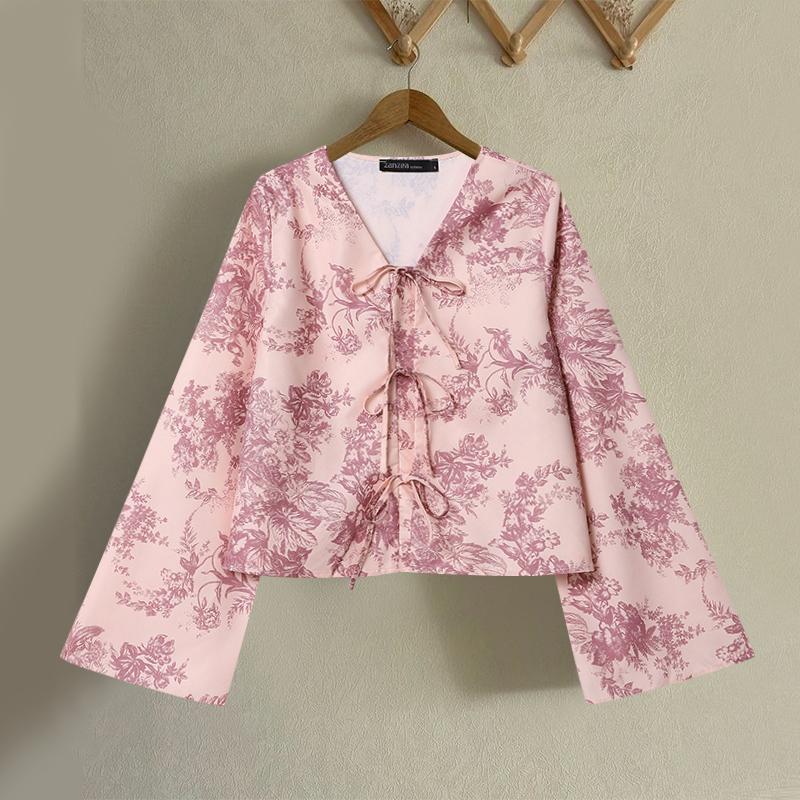 

ZANZEA Женские винтажные блузки с V-образным вырезом и длинными рукавами с принтом M