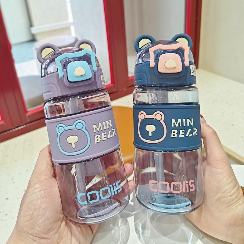 Garrafa de Água Fofa de Urso para Crianças com Canudo 500ml Copo de Plástico Portátil Estudantes Material de PC Livre de BPA Tampa Flip à Prova de Vazamentos