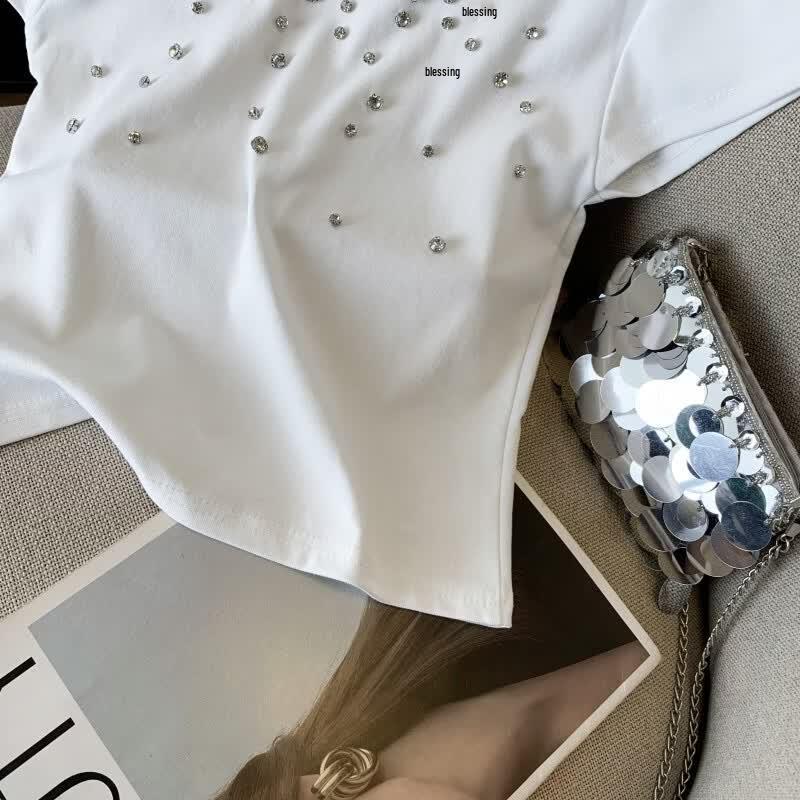 La Chapelle Rhinestone Ribbed Short Sleeve T-Shirt