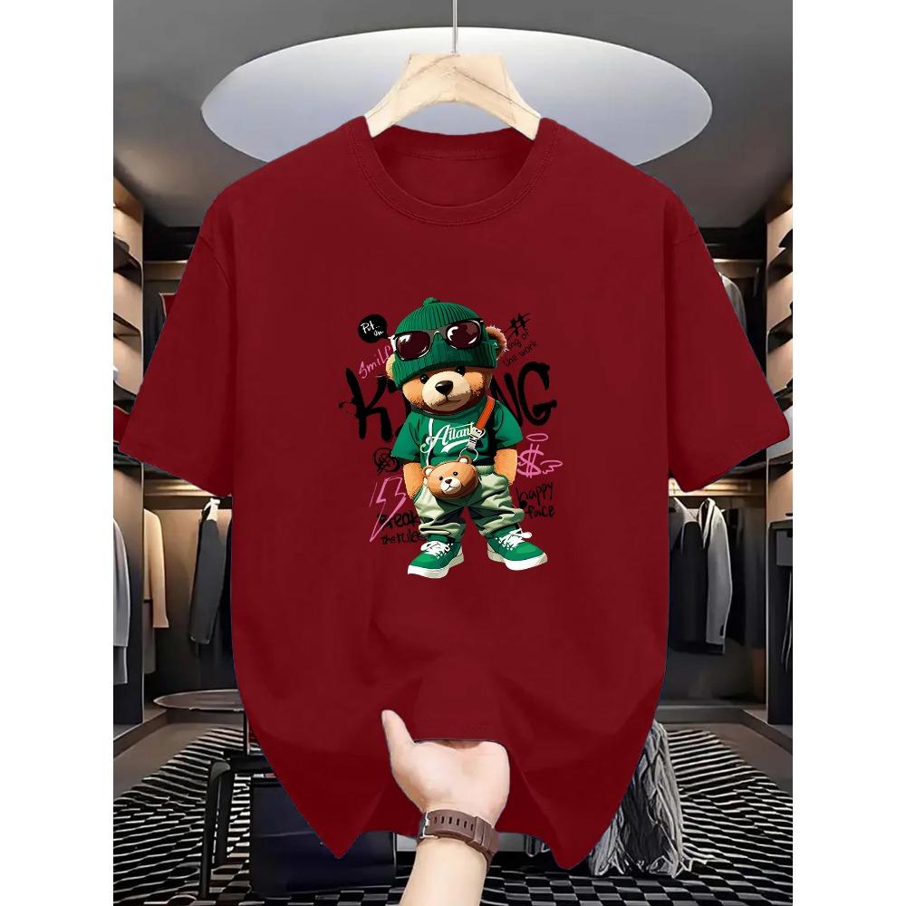 Herren Sommer 100 Baumwolle Modisch Lässig Locker Großes Geometrisches Bärenmuster Bedruckt Sport Rundhals Kurzarm T-Shirt Top