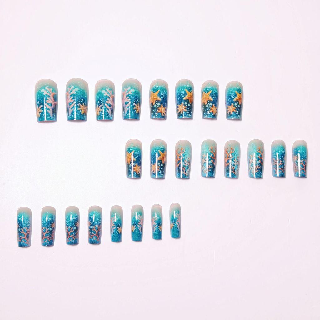 Elegant Glossy Dark Blue Starfish Nail Art Stickers - 24 Medium-Length Wearable False Nails