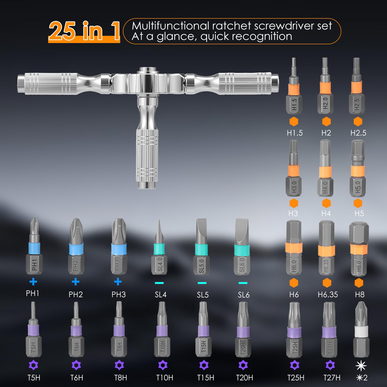 25 in 1 Ratchet Screwdriver Set Multifunctional Magnetic Screwdriver Repair Tool with 24 Bit and Detachable T Handle for Tight
