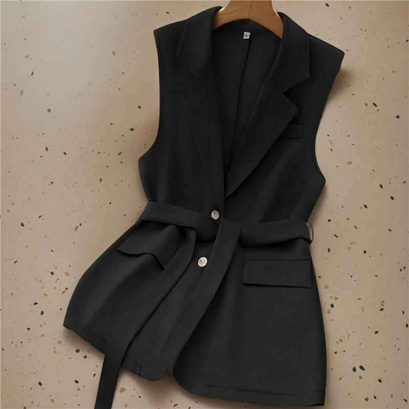 Women Blazer Vest Sleeveless Lapel Waistcoat With Belt Slim Office Sleeveless Jacket L чёрный