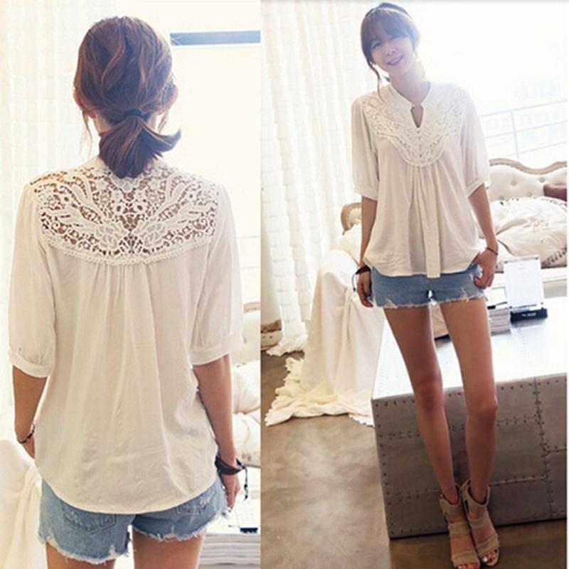 Hollow Ladies Blouse T Shirts Tops Lace Tunic Top Shirt Freesize Chiffon