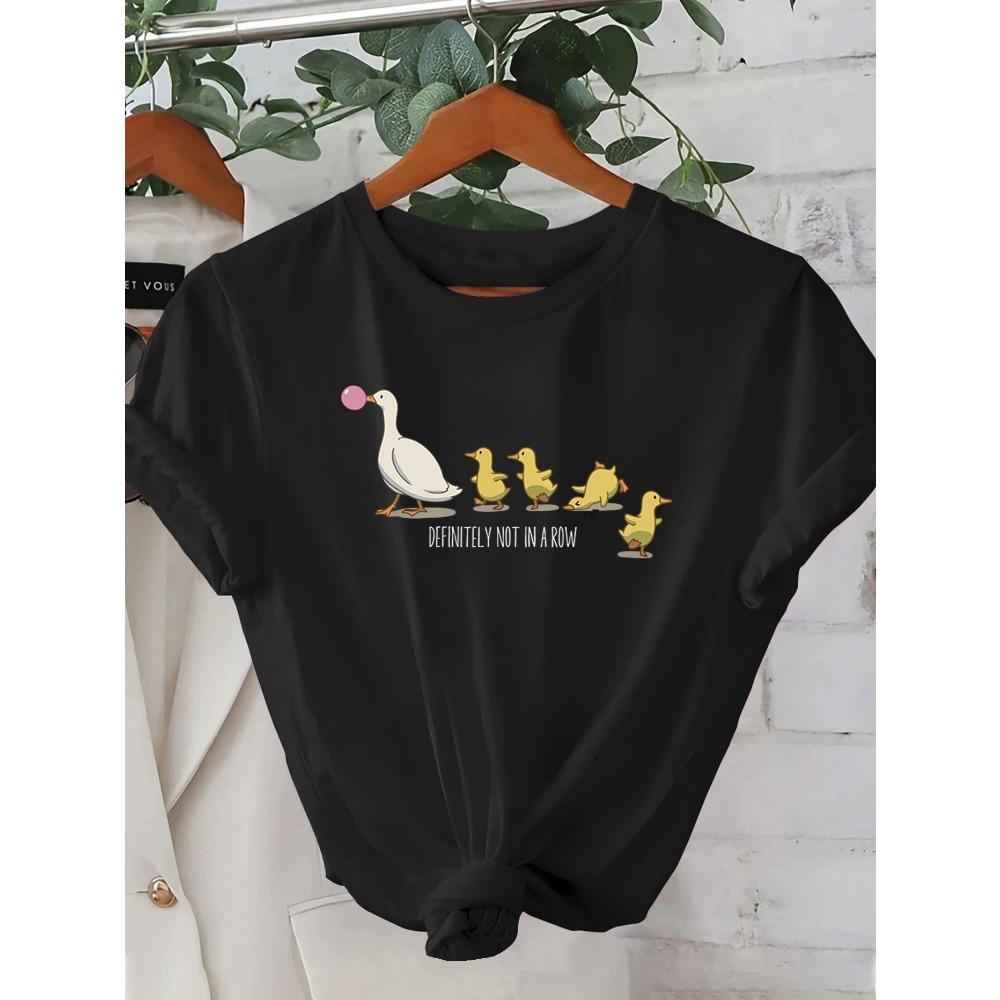 Ladies' Cute Duck Arrangement Printed Pattern T-shirt Casual Round Neck Short Sleeve Top Casual Summer Women's Clothing