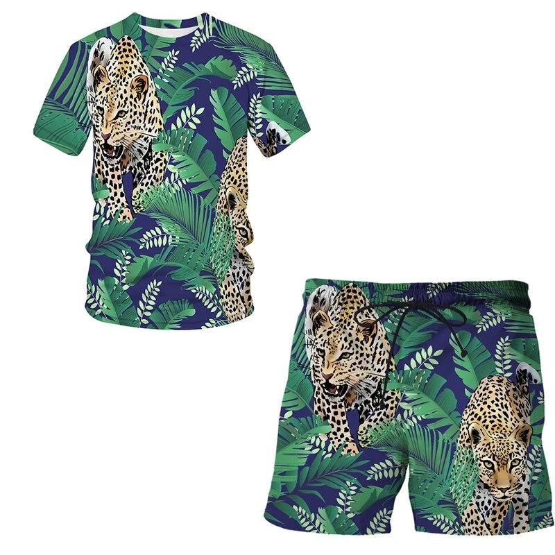 Herren-Sportanzug, T-Shirt + Shorts, Trainingskleidung, 2-teiliges Set, kurzärmelige Sportbekleidung mit Cartoon-Tier-3D-Leopardendruck
