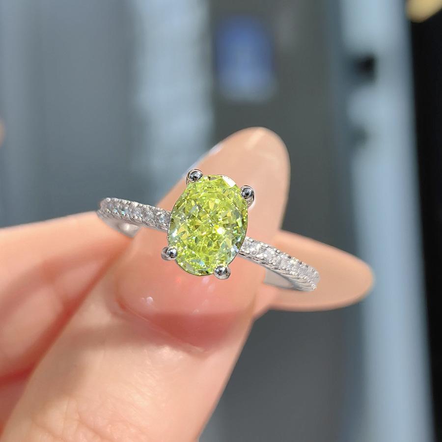 Fashion Light Luxury Pigeon Egg Ice Flower Cut Ice Sea Blue Ring Simple Paparacha High Carbon Diamond Apple Green Ring Women