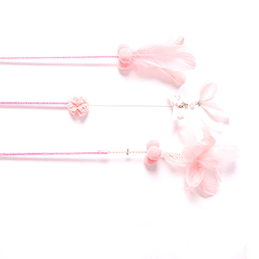 3Pcs Cat Teaser Wand Interactive Cat Feather Toy with Bell for Cat Kitten Playing Pink