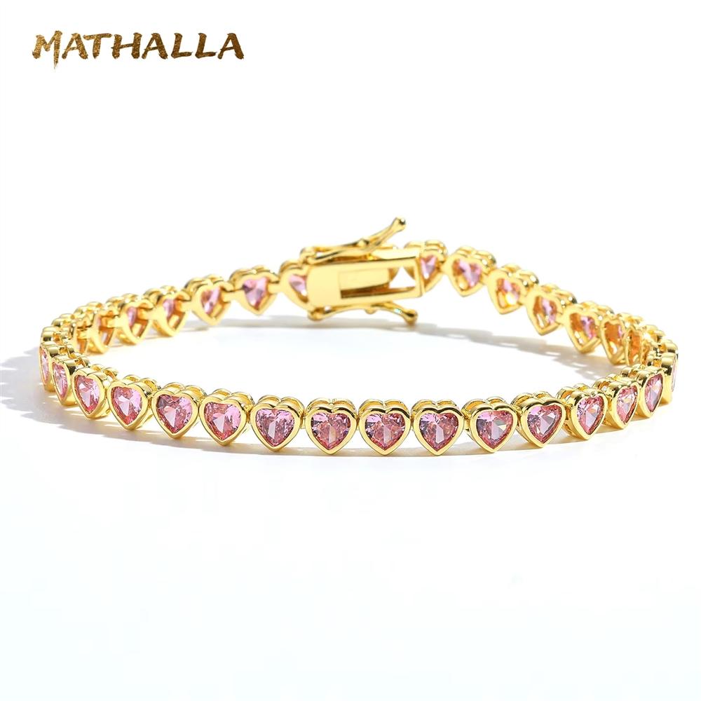 Bezel Setting 5mm Pink CZ Heart Tennis Bracelet Iced Out Colorful 5A Zirconia Female Jewelry for Women Valentine's Day Gift
