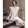 Demana New Chinese Style Embroidered Lace Flutter Sleeve Midi Dress