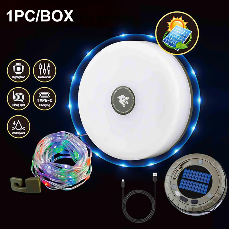 Solar 8 mode LED camping light belt, 10M length back magnetic hook outdoor waterproof tent decorative light string