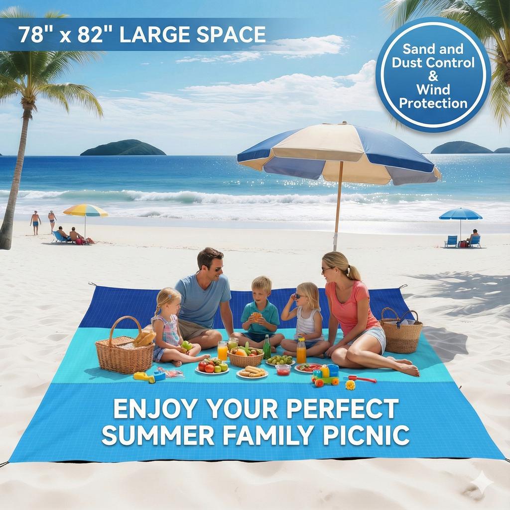 Oversized Lightweight Beach Blanket Sand Free Waterproof Picnic Mat for 2-8 Adults | Large Portable Outdoor Camping Travel Rug