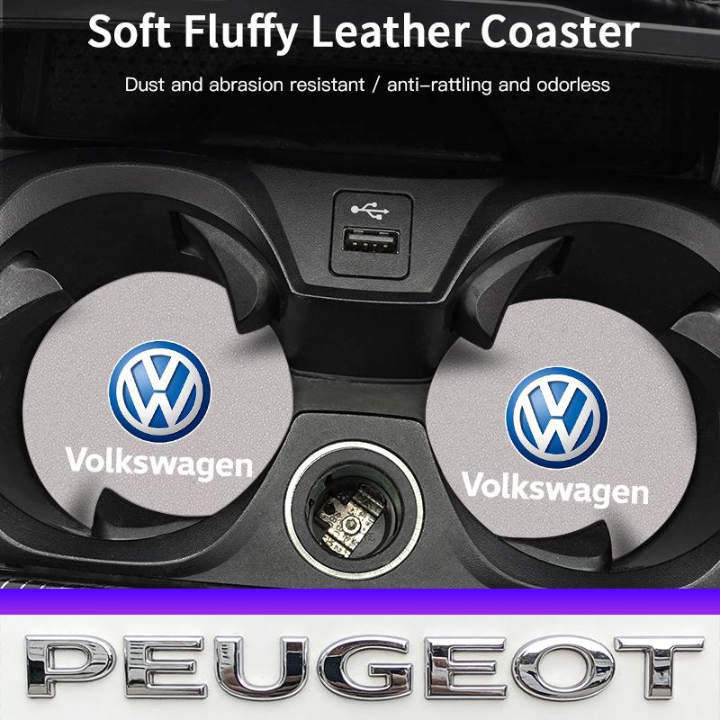 2Pcs Car Logo Coaster Suede Water Cup Anti-Slip Pads Keychain For VW Golf Amarok T5 Phaeton Teramont ID3 Tiguan T-Cross Passat