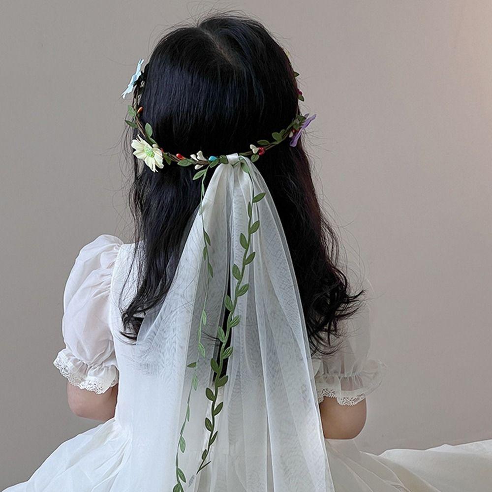 Flower Girls Tulle Wreath Wedding Princess Headwear White Bow Garland Veils for Kids