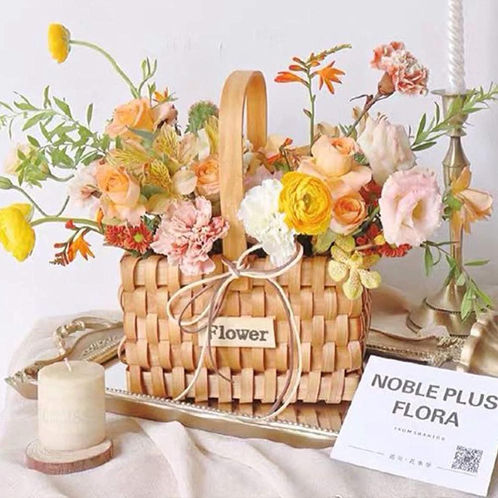 Hand-woven Picnic Fruits Vegetable Bread Serving Storage Baskets Wooden Chip Rattan Storage Basket with Handles Storage Basket