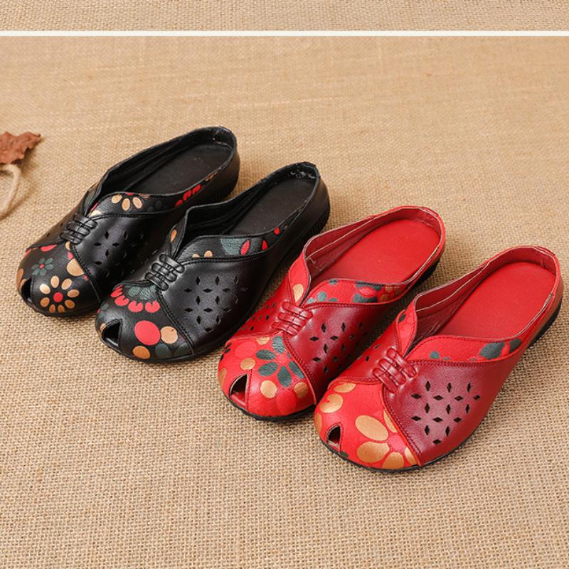 Johnature Ethnic Style Printed Genuine Leather Outdoor Slides Women Versatile Handmade Low Heeled Slippers